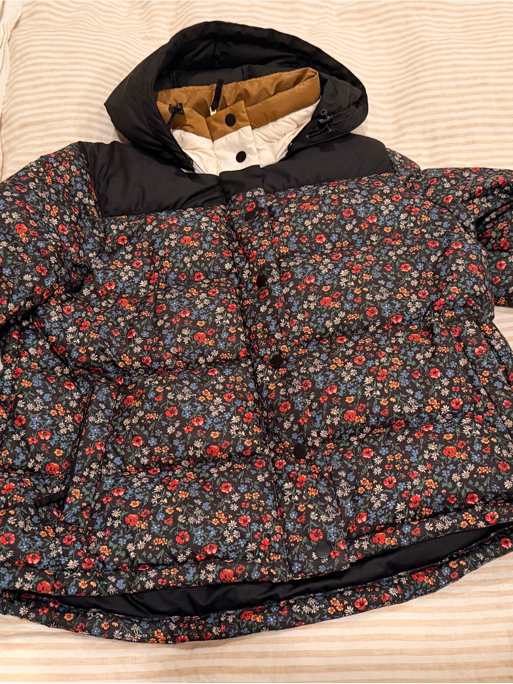 THE GREAT. + Eddie Bauer Black Floral Puffer Jacket with Hood